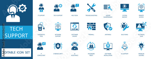 Tech Support Icon Set. Includes AI assistance, cybersecurity, 5G support, and system maintenance icons for web, apps, and technical presentations. Editable vector.