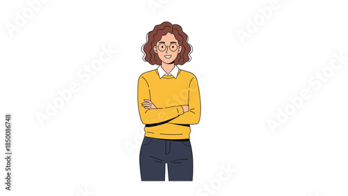 Confident young woman with curly hair and glasses stands with arms crossed, radiating positivity and professional demeanor.