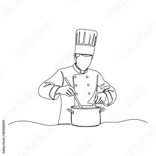 A chef stirring a pot with a spoon in a simple line drawing style vector illustration