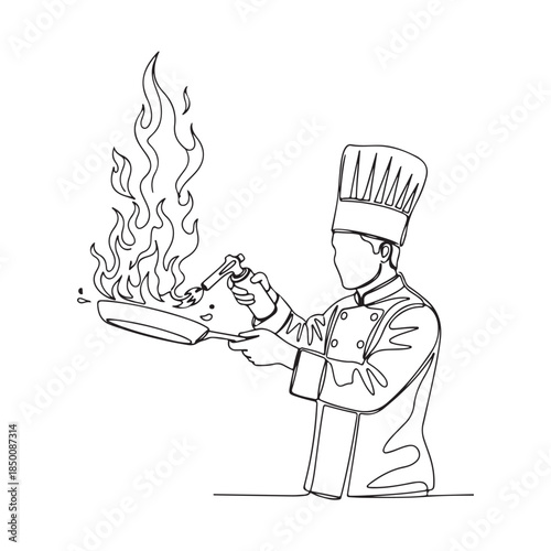 A chef cooking with flames on a pan in a kitchen setting vector illustration
