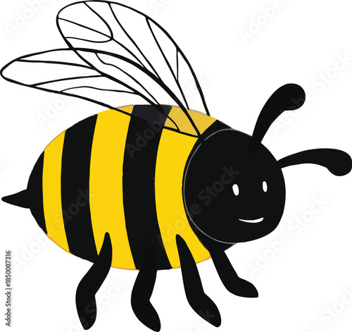 Vector art of a side view of a cute cartoon bee with yellow and black stripes, isolated on white background