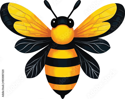 Vector art of a detailed cartoon bee with yellow and black stripes, isolated on white background