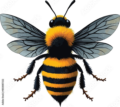 Vector art of a detailed illustration of a bee isolated on white background