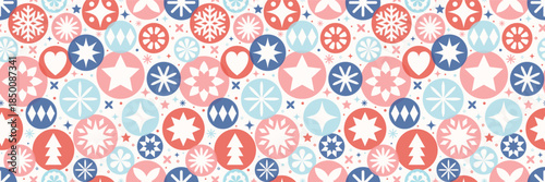 Colourful Christmas seamless texture in modern style. Abstract decorations with stars and snowflakes. Vector illustration