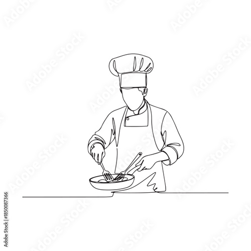 Continuous line drawing of a chef cooking with a pan and utensils vector illustration