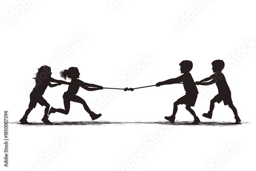 Tug-of-War Silhouette: Silhouette of kids competing in a tug-of-war on outdoor ground, a timeless symbol of teamwork, competition, and childhood fun.