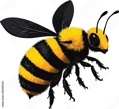 Vector art of a fuzzy bumblebee with black and yellow stripes is flying, isolated on white background