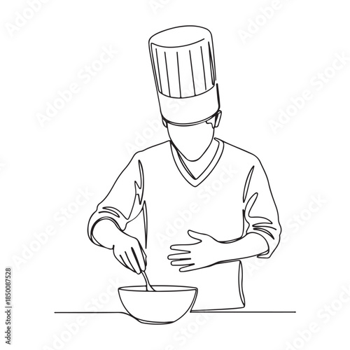 A chef stirring a bowl with a spoon wearing a hat and uniform standing vector illustration