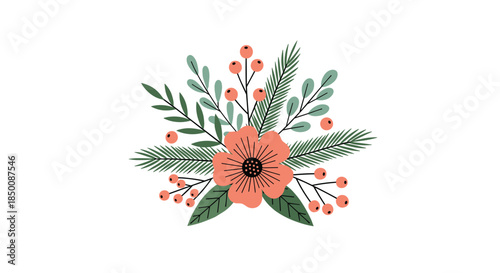 Lovely floral arrangement illustration featuring a central red flower surrounded by pine needles and red berries on white.