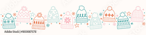 Christmas banner in cartoon style. Background decorated with winter hats. Vector illustration