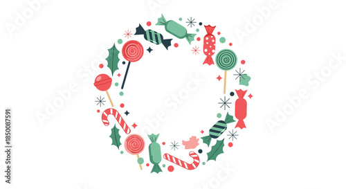 Festive Christmas wreath made of colorful candies like lollipops and candy canes mixed with holly leaves and stars on a white background.