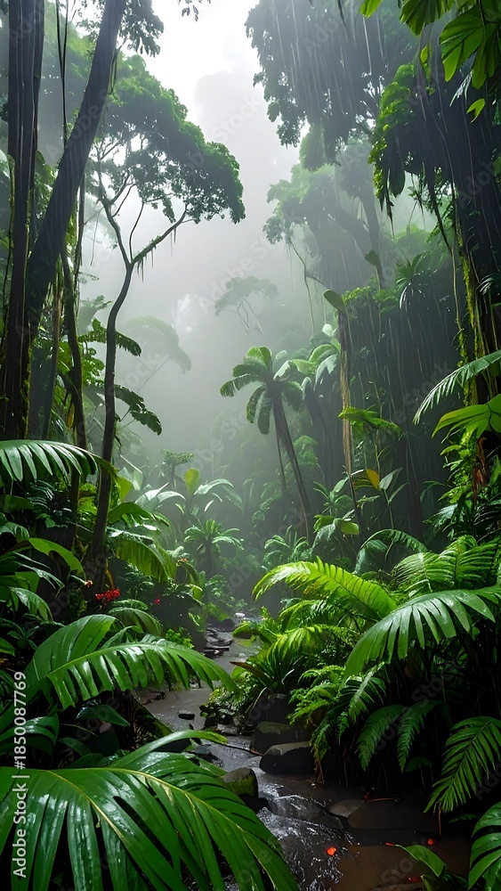 Naklejka premium Lush, verdant rainforest scene with a winding stream and dense foliage