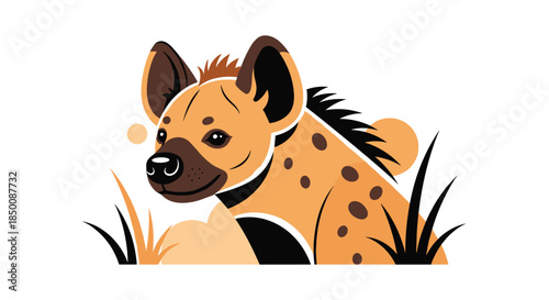 Friendly cartoon hyena character sitting in tall grass under a bright sun, perfect for children books and wildlife illustrations.