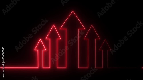 abstract Glowing neon line, red color icon, and up arrow animation on a black background. growth arrow, profit, investment, and a successful business concept. 

