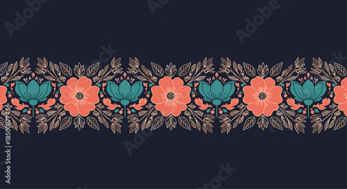 Horizontal floral border pattern with flowers and leaves on a dark navy background, suitable for elegant stationery and cards.