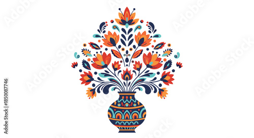Symmetrical and colorful floral arrangement in a decorative vase featuring stylized flowers and leaves in a folk art style.