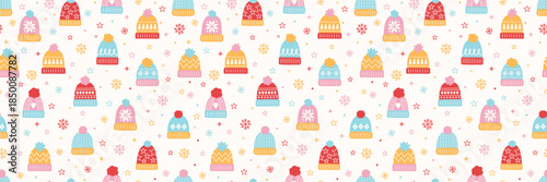 Colourful seamless pattern with cute cartoon winter hats. Banner. Vector illustration