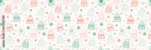 Colourful seamless pattern with cute cartoon winter hats. Banner. Vector illustration