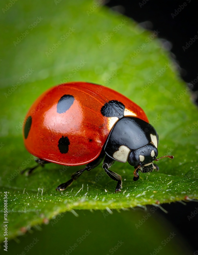 Obraz premium Macro shot of a ladybug on a vibrant green leaf, sharp focus