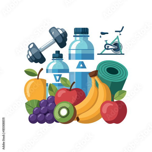 Healthy Lifestyle with Gym Equipment and Fruits