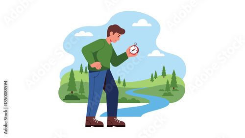 Young man uses a compass to navigate outdoors, checking direction while hiking near a river and forested hills.
