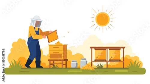 Beekeeper carefully pours bees from a box into a hive, tending to their colony on a sunny day in a rural landscape.