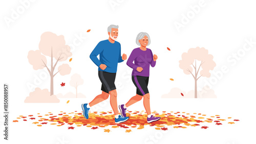 Active senior couple enjoys a healthy lifestyle by jogging together through a park covered in autumn leaves.