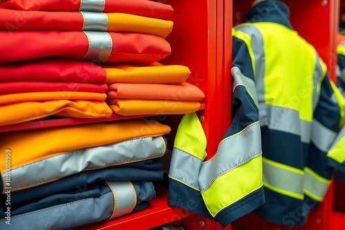 Neatly folded firefighter turnout gear stored in a fire station locker, showcasing professional safety equipment, emergency readiness, protective clothing, and organized firefighting workwear.