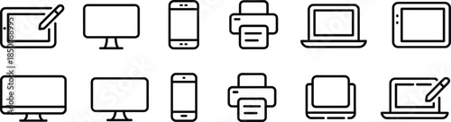 Digital device and office equipment icon set featuring monitor laptop smartphone printer tablet symbols line vector illustration modern minimal design