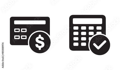 Modern black icons of a credit card with dollar sign and a calculator with checkmark, vector illustration.