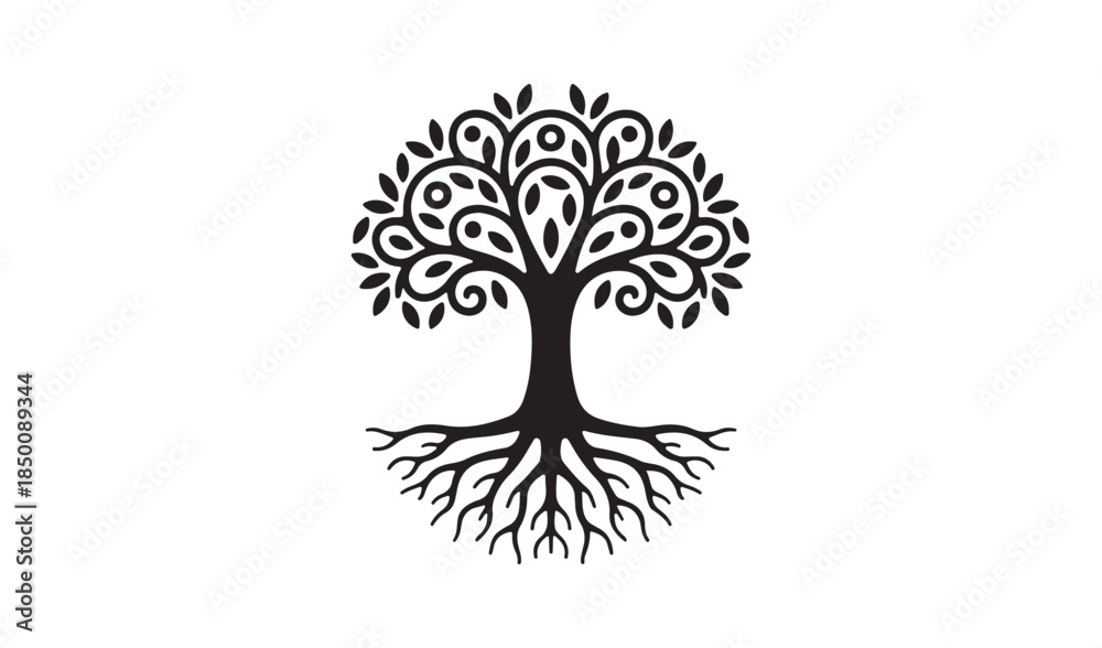 Obraz premium Intricate black silhouette of a tree of life with detailed roots and ornate foliage, symbolizing growth, connection, and wisdom.