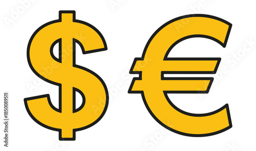 Bold yellow icons of the dollar sign ($) and the euro sign (€) with black outlines, representing currency exchange and finance on a white background.