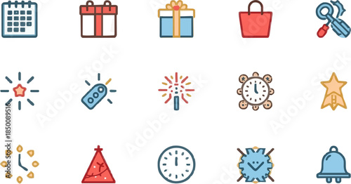 Diverse Collection of Colorful Line Art Icons Representing Celebrations, Holidays, and Event Planning
