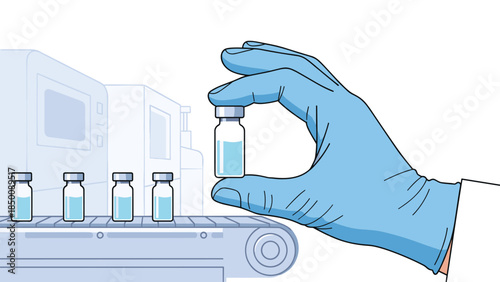 A gloved hand carefully holds a vial of vaccine above a production line, symbolizing pharmaceutical manufacturing and healthcare innovation.