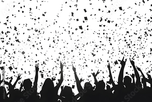 Celebration Amidst the Crowd: Silhouetted figures exude pure elation, their hands raised in triumphant celebration against a backdrop of falling confetti