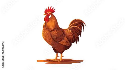A vibrant illustration depicts a proud rooster standing confidently with detailed feathers and a bright red comb and wattle.