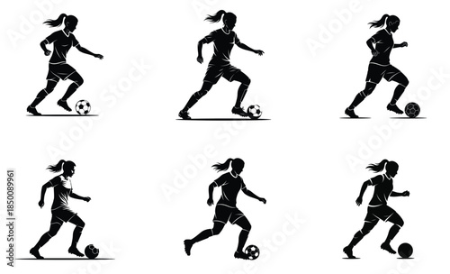 Female Soccer Player Silhouette – Women Football Dribbling Action Vector