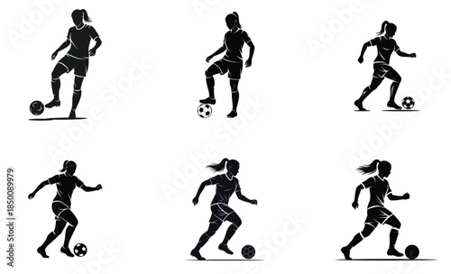 Soccer Player Dribbling Silhouette Set – Football Action Pose Vector Collection