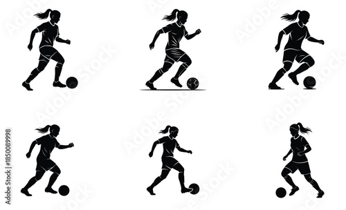 Soccer Player Dribbling Silhouette Set – Football Action Pose Vector Collection