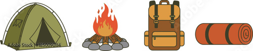 Flat design set of 4 camping essentials dome tent campfire backpack and sleeping bag
