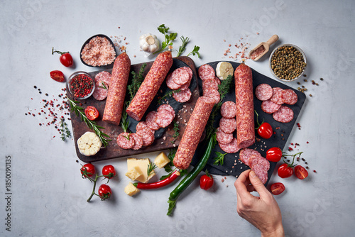 Tablou pe pânză Salami and charcuterie board with fresh ingredients