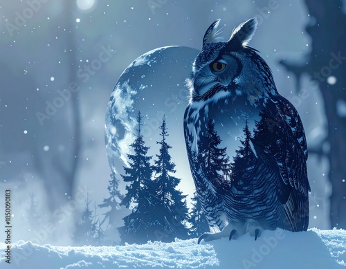 Owl in snowy forest scene