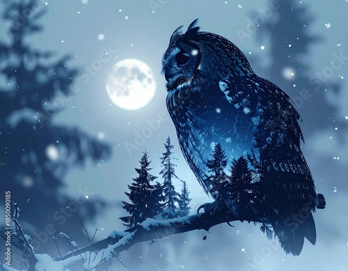 Owl in snowy forest at night