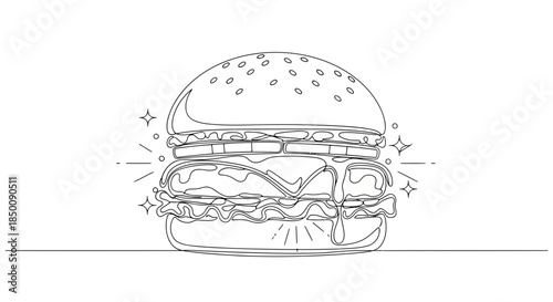 A captivating line art drawing of a mouth-watering gourmet burger with melting cheese Vector