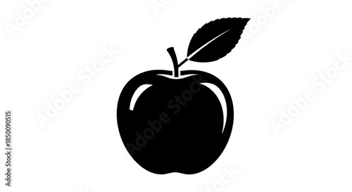 Black apple silhouette icon with a stem and leaf, perfect for minimalist designs and educational themes Vector