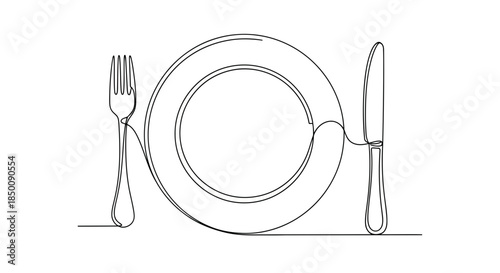 Continuous line art of a minimalist dinner plate with fork and knife setting Vector