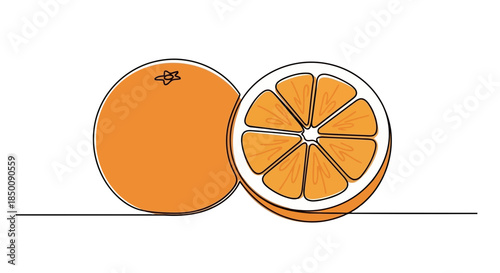 Continuous line drawing of a whole orange and a sliced orange, showcasing fresh citrus fruit Vector
