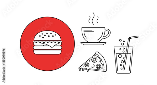 A minimalist line art illustration featuring popular fast food and drink icons for various designs Vector