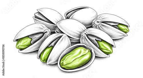 Hand-drawn illustration of fresh pistachios with their shells cracked open, revealing vibrant green nuts Vector