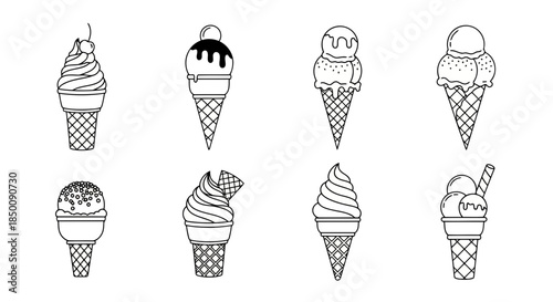 A collection of eight various delicious ice cream cones in black outline vector style Vector